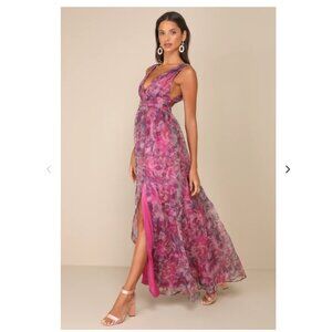 Lulus Garden Romance Magenta Floral Print Organza Maxi Dress